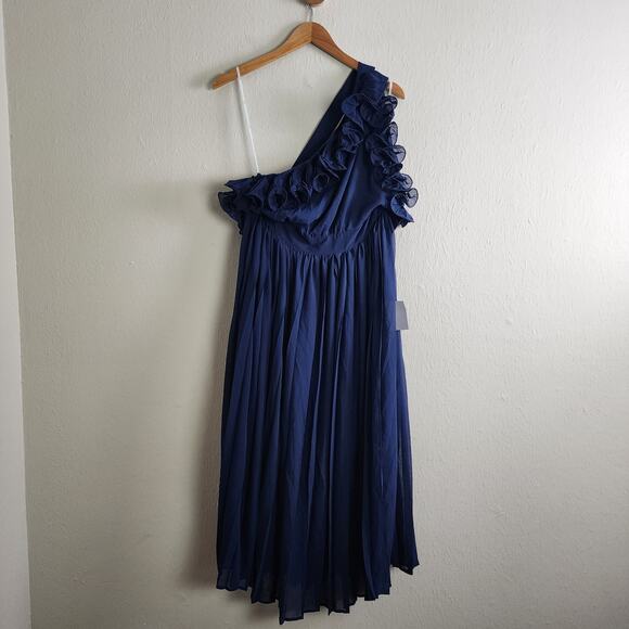 NEW Lulus Splendid Charisma Navy Ruffled Pleated One Shoulder Midi Dress - Picture 5 of 16